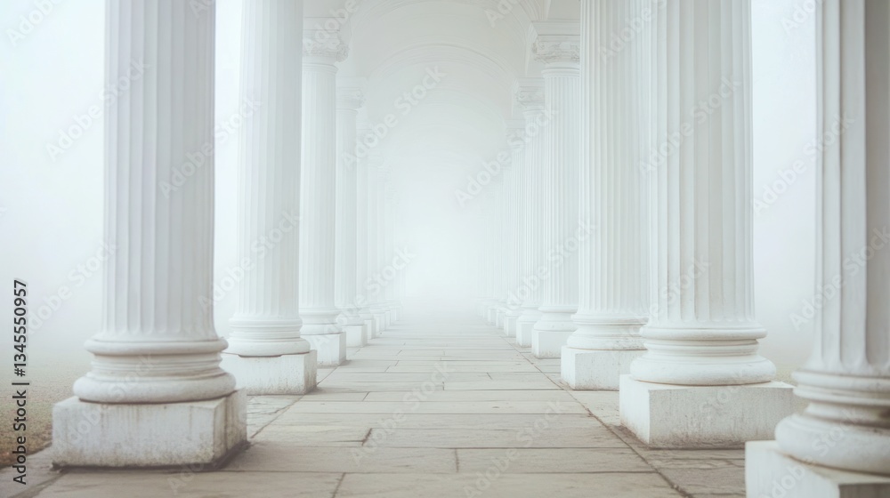 Ancient Columns Pathway, Foggy Perspective, Architectural Corridor, Stock Photo Ancient Columns Pathway, Foggy Perspective, Architectural Corridor, Stock Photo