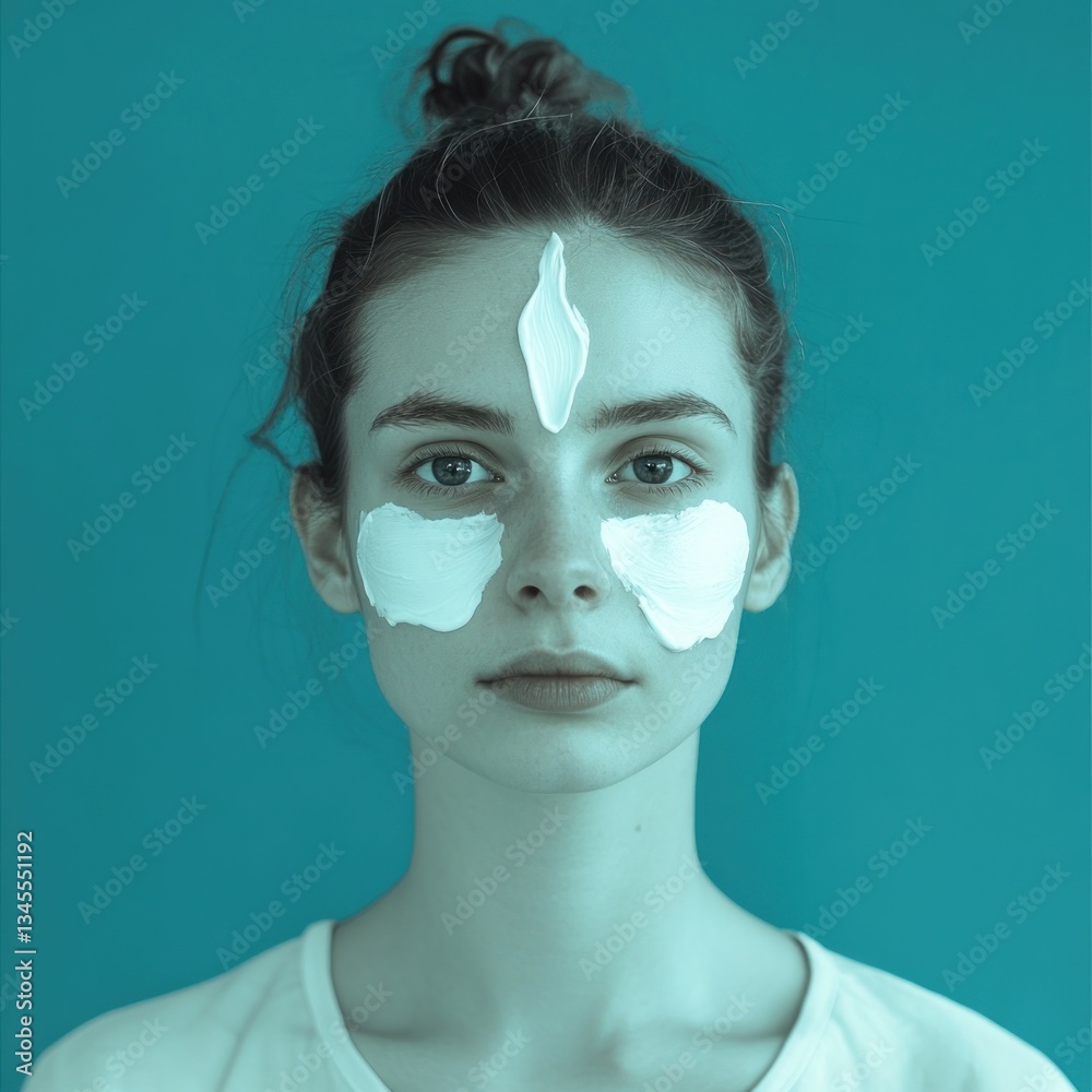 Contrasting beauty, Face with facial cream spots against blue backdrop Contrasting beauty, Face with facial cream spots against blue backdrop