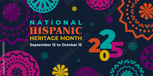 Hispanic heritage month 2025. Vector web banner, poster, card for social media, networks. Greeting with national Hispanic heritage month text, ornament on black background. Logo 2025.