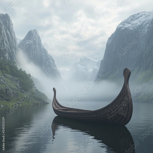  viking longboat sits on a still lake