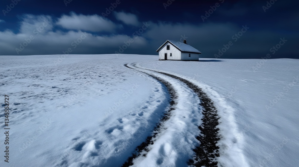 Solitary white house on a snow-covered hill, winding path