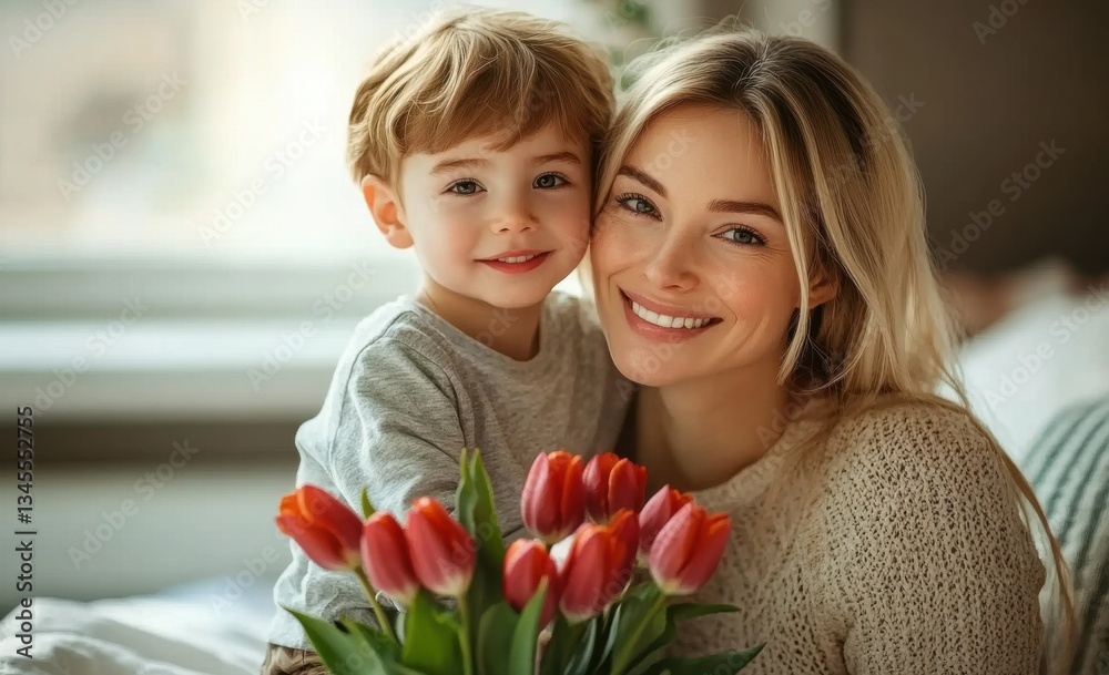 Smiling caucasian female adult and child enjoy tulips in sunlit room Smiling caucasian female adult and child enjoy tulips in sunlit room