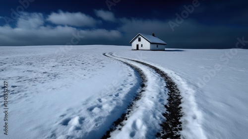Obraz na płótnie Solitary white house on a snow-covered hill, winding path w salonie