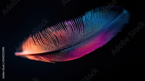 Soft purple and blue feather with a silky texture, glowing under soft natural light, highlighting its details.