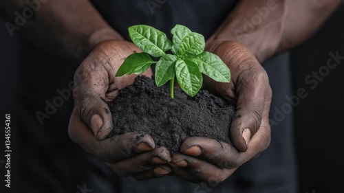 Hands holding fresh mint seedling with soil, sustainable organic gardening concept showing environmental conservation and nurturing growth