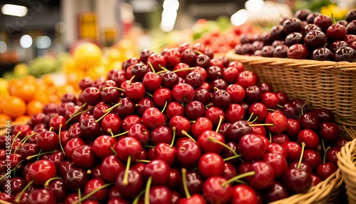 Fototapeta Vibrant red cherries piled in market stall, fresh fruit abundance