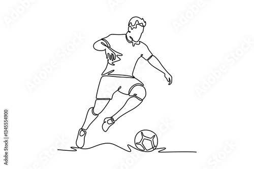 Continuous one line drawing side view of male football defender controlling and dribbling ball to defence his goal area. Soccer match competition. Single line draw design vector graphic illustration