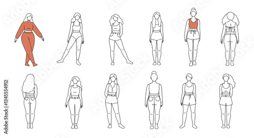Fashion character design progression with flat minimal style vector art