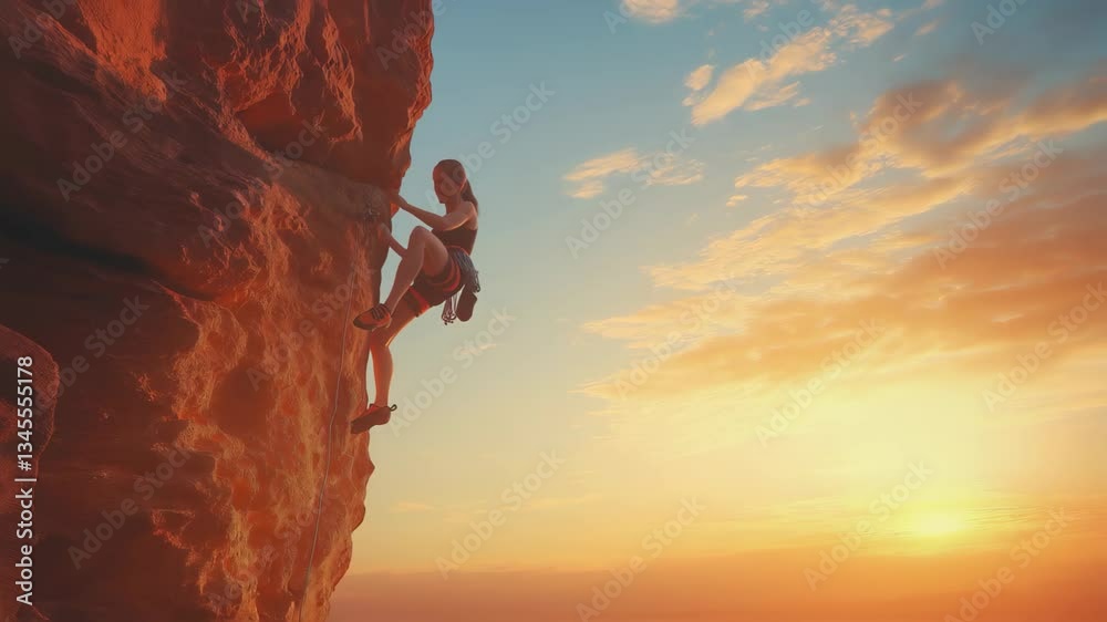 Silhouette of rock climber scaling steep cliff face against dramatic golden sunset sky, extreme adventure sport challenge concept