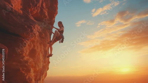 Silhouette of rock climber scaling steep cliff face against dramatic golden sunset sky, extreme adventure sport challenge concept