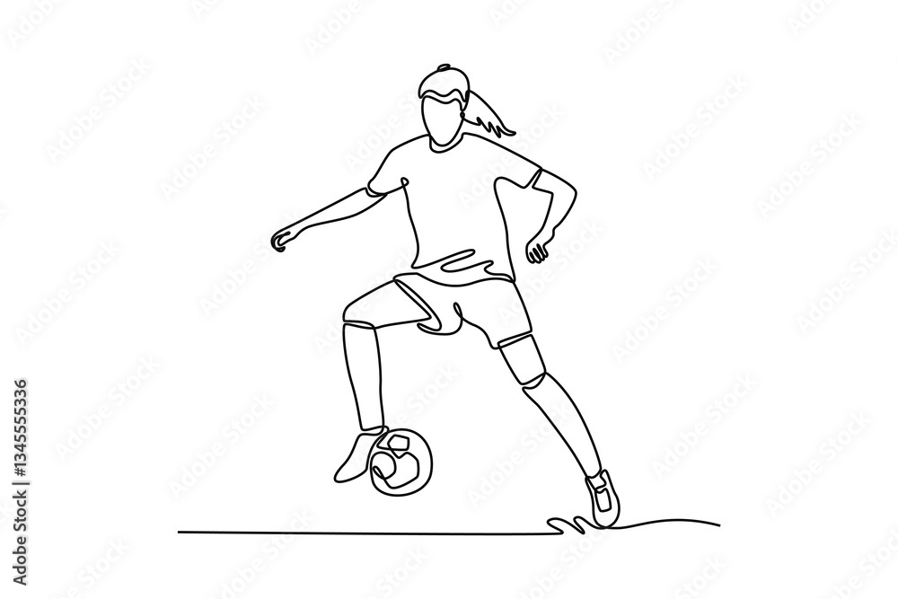 Single continuous line drawing competitive female football forward performing control the ball and dribbling to pass opponent at international stadium. One line draw graphic design vector illustration Single continuous line drawing competitive female football forward performing control the ball and dribbling to pass opponent at international stadium. One line draw graphic design vector illustration