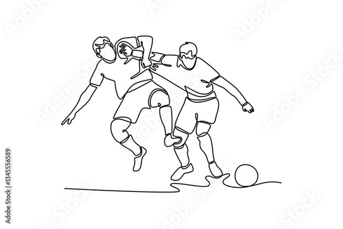 Single continuous line drawing two competitive energetic football player fighting for the ball at game play. Soccer league competition match. Dynamic one line draw graphic design vector illustration
