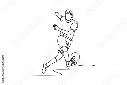 Single one line drawing male football striker take first time kick technique to make a goal. Soccer league competition or sports match concept. Continuous line draw design graphic vector illustration