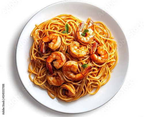 Delicious Shrimp Spaghetti in Tomato Sauce – Seafood Pasta on White Plate