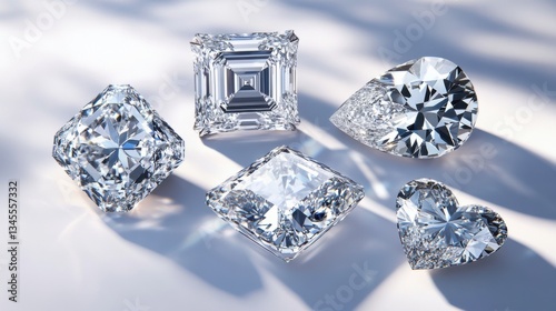 Variety of diamond cuts: round, princess, asscher, pear, heart shapes on display