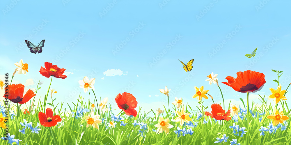 Obraz premium A vibrant, colorful illustration of a meadow filled with wildflowers, lush green grass, and butterflies under a blue sky.