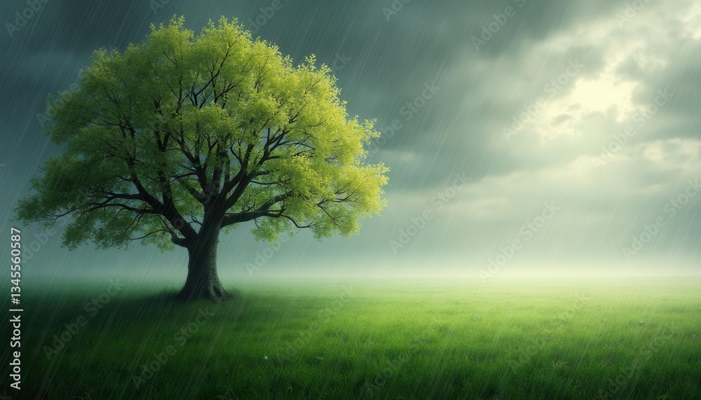 Fototapeta premium Green grassland with big trees in the wind and rain