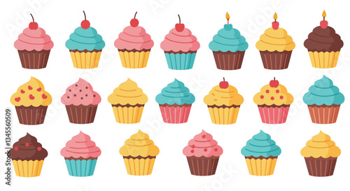 Colorful cupcake assortment in flat design style showcasing variety in vector art