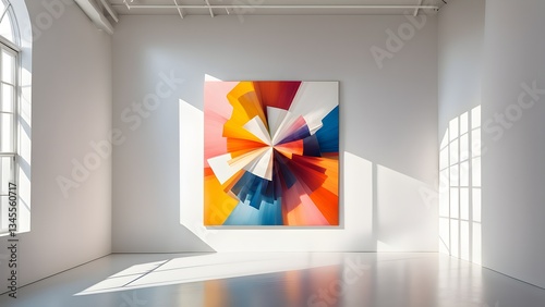 A vibrant, abstract painting radiating colors hangs a bright, minimalist gallery space. Sunlight streams through a large window, casting shadows.