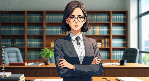 Serious woman lawyer in glasses standing with arms crossed in modern law office anime cartoon illustration design