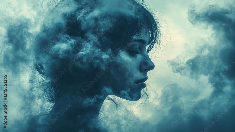 mental depression and negative emotion concept person head silhouette and cloudy weather mental depression and negative emotion concept person head silhouette and cloudy weather