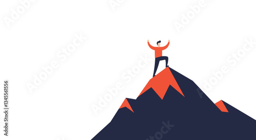 Mountain climber celebrating victory on peak in minimal vector art