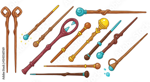 Various magical wands in flat design style showcasing detailed vector art