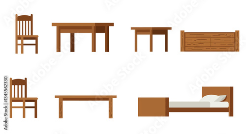 Wooden furniture collection featuring chairs, tables, and beds in flat vector art style