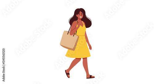 Woman in yellow dress walking with shopping bag in flat vector art