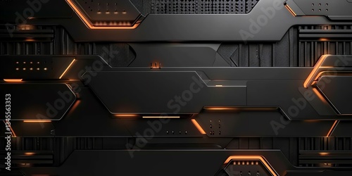 Futuristic Metallic Panel Structure with Orange Glowing Highlights for Tech Background
