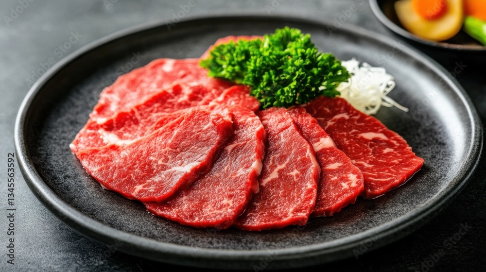 Juicy wagyu steak slices served neatly on white tableware, delicate marbling, melt-in-your-mouth texture, minimalist gourmet plating Juicy wagyu steak slices served neatly on white tableware, delicate marbling, melt-in-your-mouth texture, minimalist gourmet plating