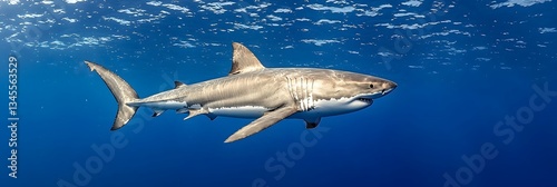 A magnificent great white shark gracefully swimming through the vast mysterious depths of the azure blue ocean