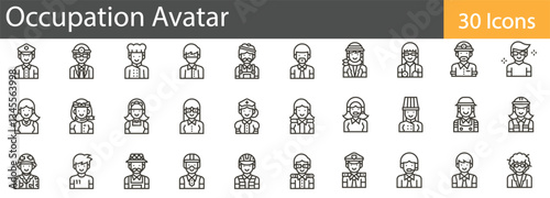 Occupation Avatar Line Icons Set. Collection of 30 outline icons representing various professions, careers, and work roles. Editable stroke vector illustration.