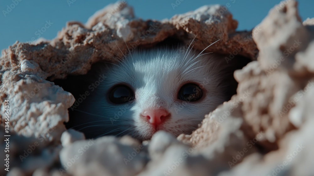 Obraz premium White kitten peeking from sandy burrow