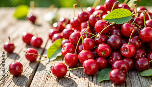 Vibrant heap of ripe red cherries on rustic wooden table, farm freshness