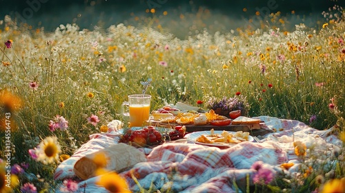 A colorful summer BBQ picnic in a meadow.  