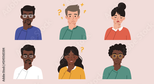 Six diverse individuals expressing various emotions and thoughts in a colorful illustration