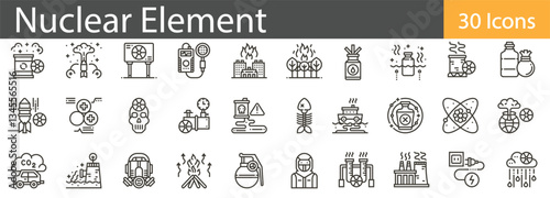 Nuclear Elements Line Icons Set. Collection of 30 outline icons representing nuclear energy, atomic structure, radiation, and power plants. Editable stroke vector illustration.