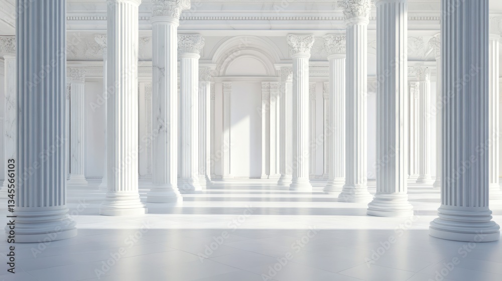 Empty White Marble Colonnaded Hallway, Sunlight Empty White Marble Colonnaded Hallway, Sunlight