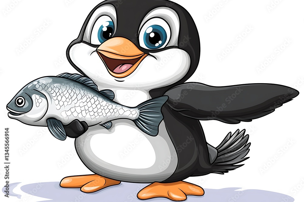 Obraz premium Happy penguin holding a fish as a gift. Isolated on white, for education