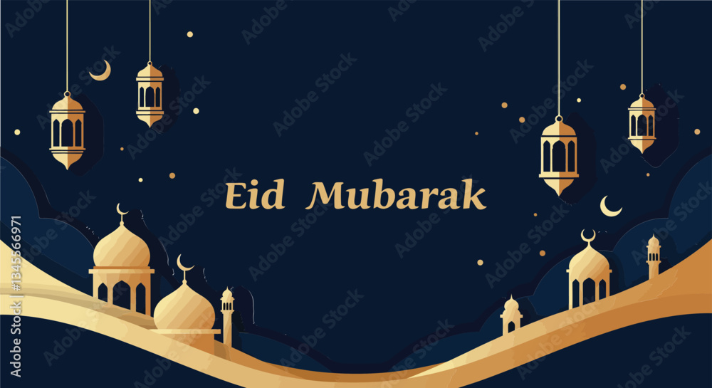 Elegant Eid Mubarak greeting card with lanterns and crescent moon design elements