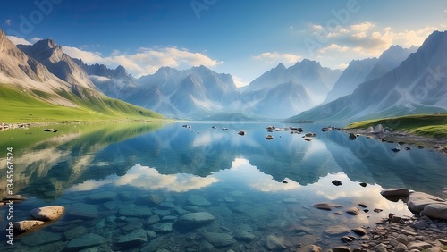 A panoramic view of a tranquil alpine lake reflecting majestic snow-capped mountain ranges under a clear blue sky. photo