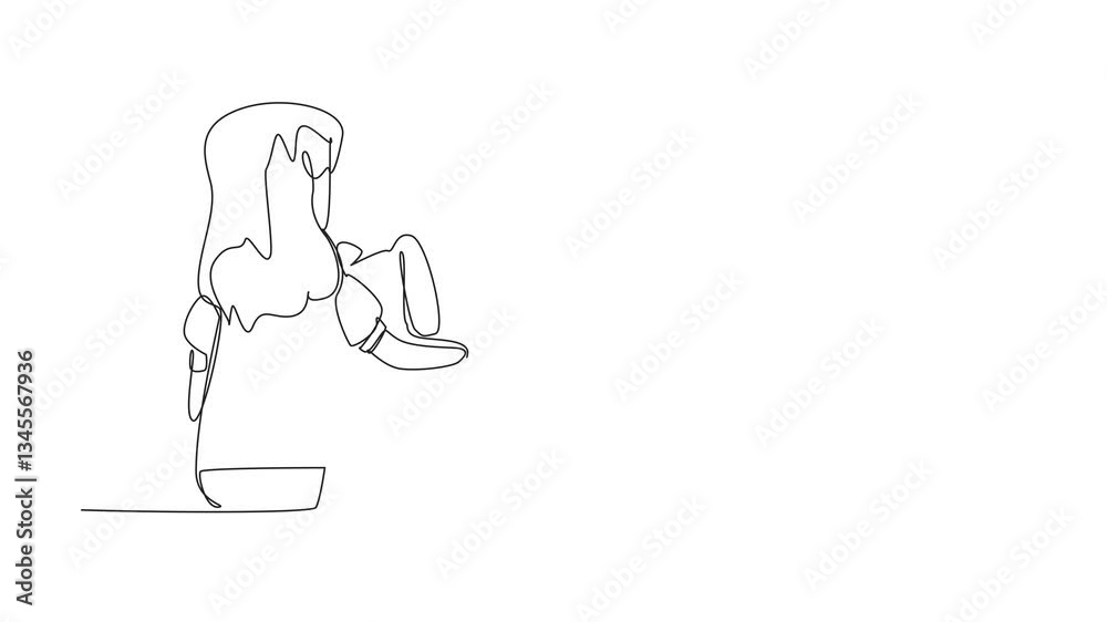 Animated self drawing of single continuous line drawing woman sitting on floor next to her is a big doll. Playing with favorite dolls. Best friends. World Autism Awareness Day. Full length animation