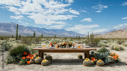 Elegant desert dinner party setup with flowers and cacti joshua tree event decoration outdoor scenic view