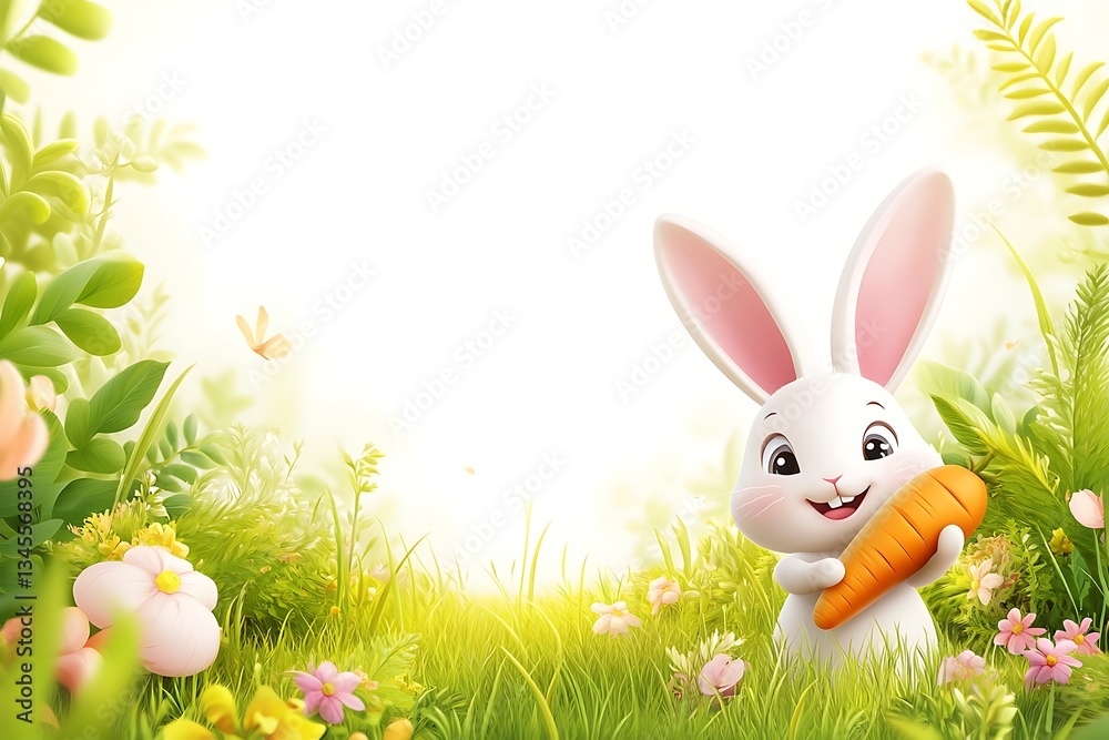 Fototapeta premium Happy Easter Bunny holds carrot in field with blooming flowers and bright sunlight