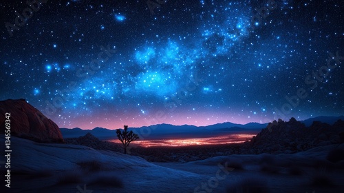 Stargazing night sky over mountain valley nature landscape tranquil environment wide-angle view photo