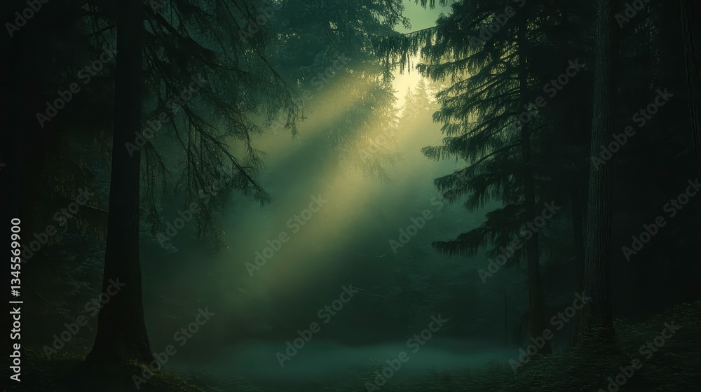 Fototapeta premium Mysterious forest light rays enchanted woodland nature photography serene environment low angle tranquility concept