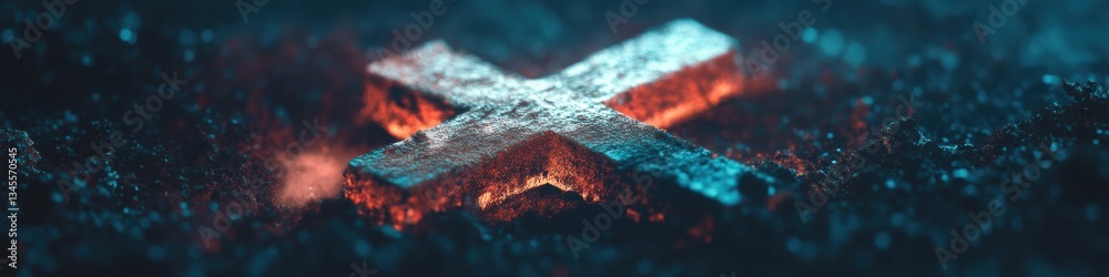 Fototapeta premium Holy Monday Spiritual Symbolism Weathered Wooden Crosses in Macro Cinematic Landscape - Artisan Crafted Theological Narrative for Contemporary Faith Marketing