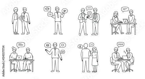 Two groups of people communicating in various professional settings and scenarios