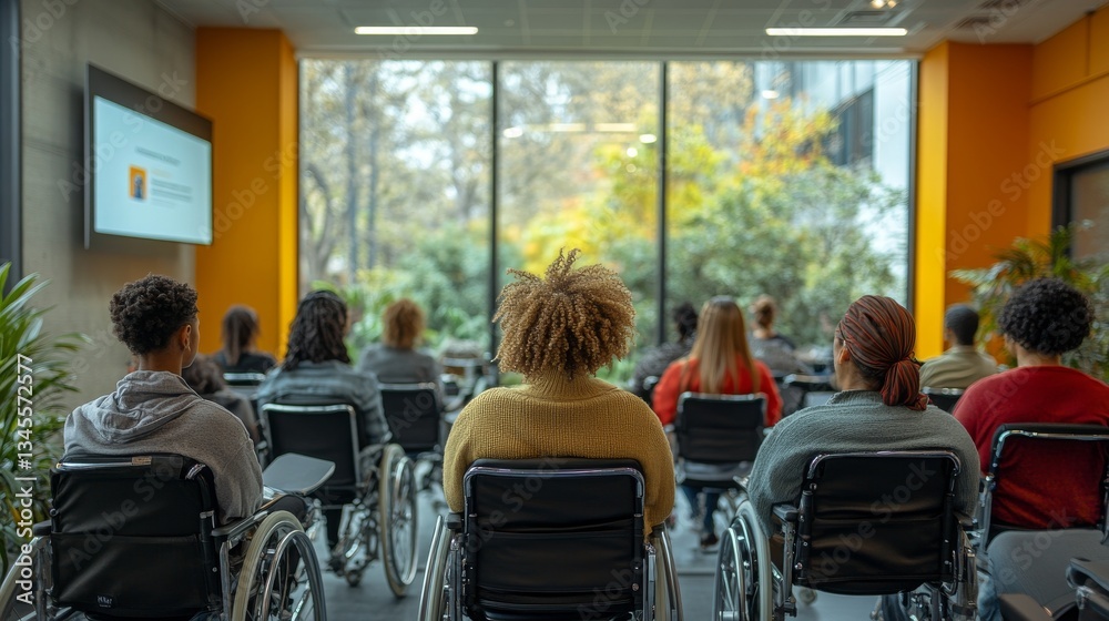 Obraz premium A group of wheelchair users attending a legal seminar in a bright, modern conference room